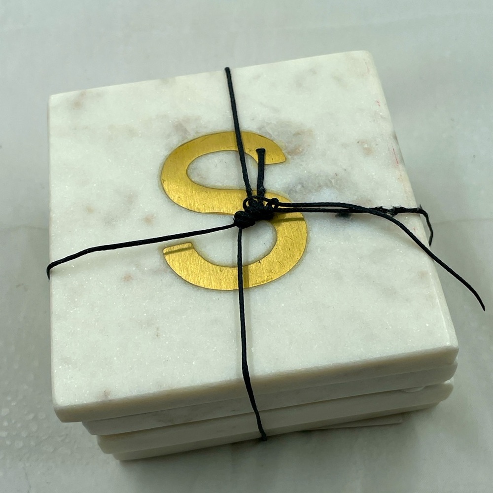 White Marble with Gold Monogram Coaster Set